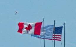 The Canadian flag flies next to an American flag, separated by the UN's flag. Refugee lawyers and refugee law advocates are likely still celebrating the funding laid out for immigration programs by Canada's 2018 federal budget.