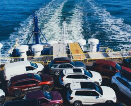 Transport ferry crossing over to Newfoundland carrying many vehicles