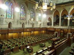 The interior of the House of Commons of Canada, Centre Block on Parliament Hill.