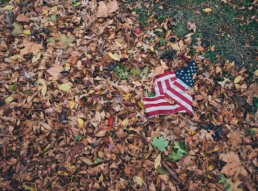 American flag on the ground covered in dead leaves