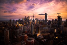 Toronto's city skyline at sunset